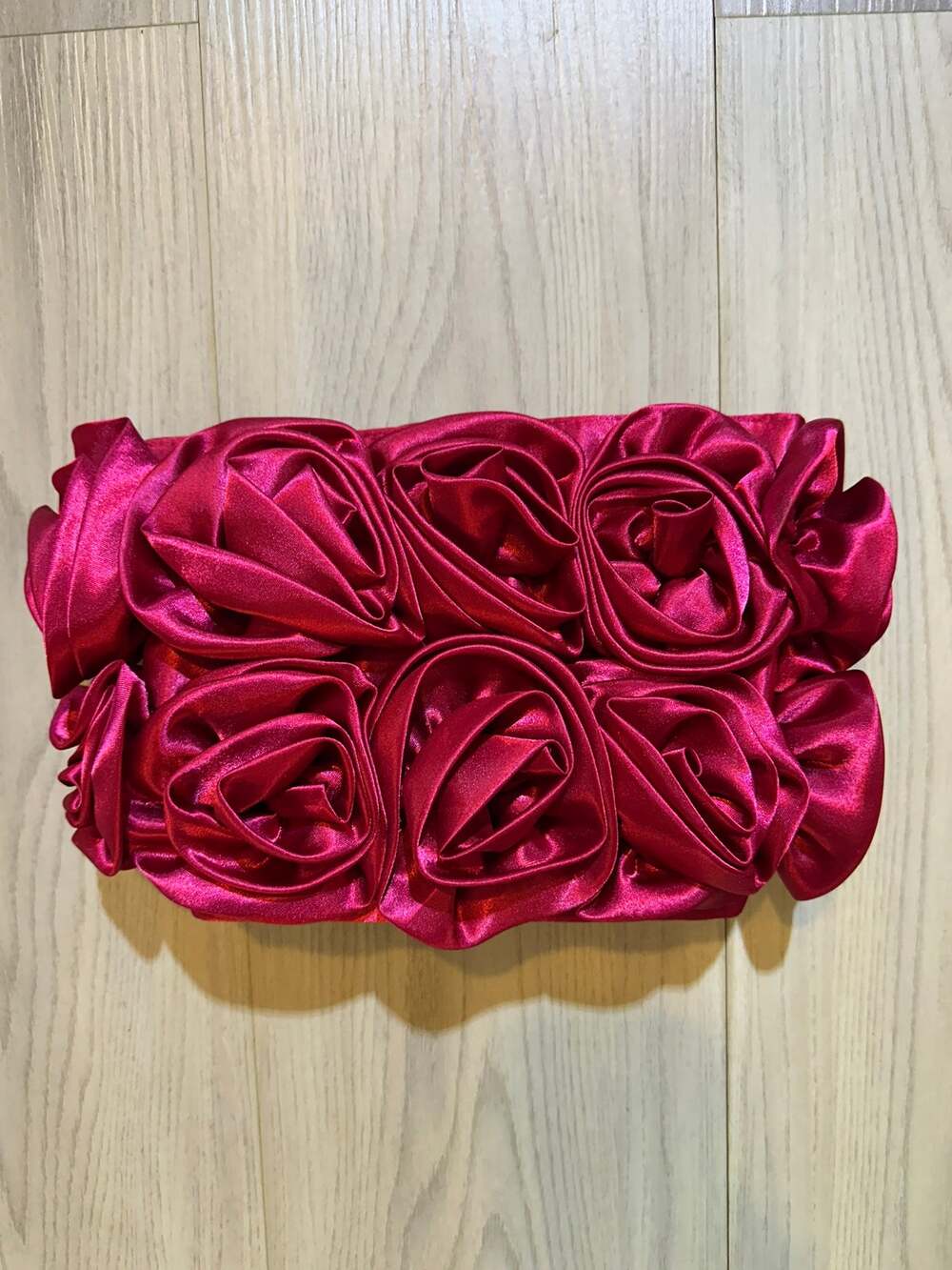 Fuchsia Pink Satin Rosette Clutch Evening Bag Floral Cocktail Wedding